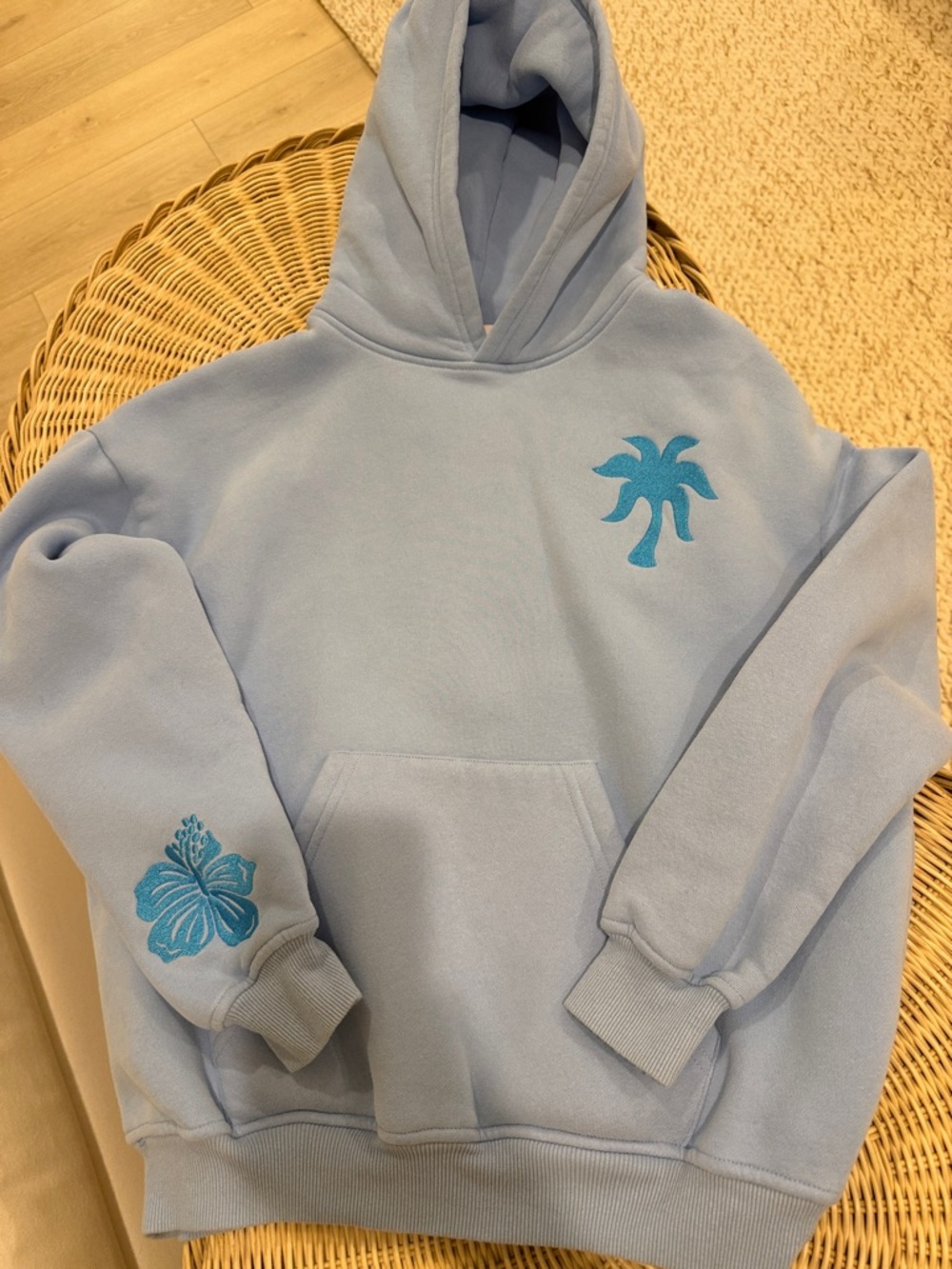 Pink Palm Puff Hoodie- Light Blue Palm-Embroidered